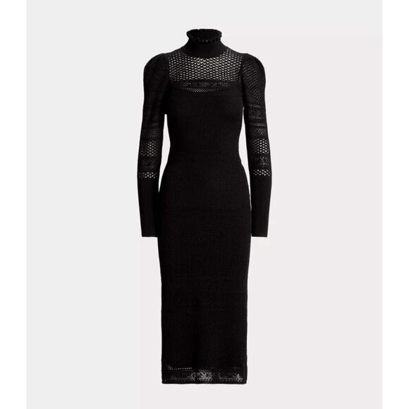 Ralph Lauren Collection Midi Dress Lace Puff Black Sweater Cashmere Silk L 12 14 - Picture 3 of 6